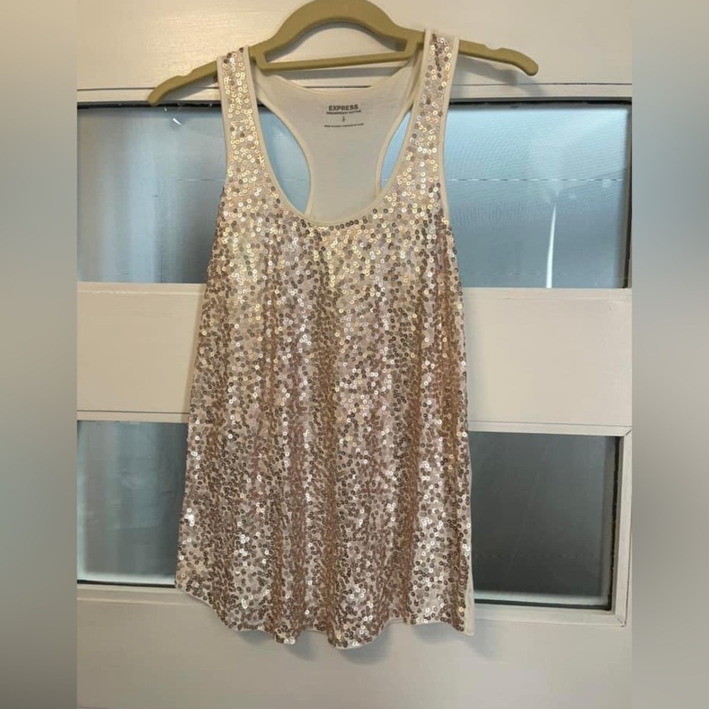 Express. Gold sequin on white tank top. Small